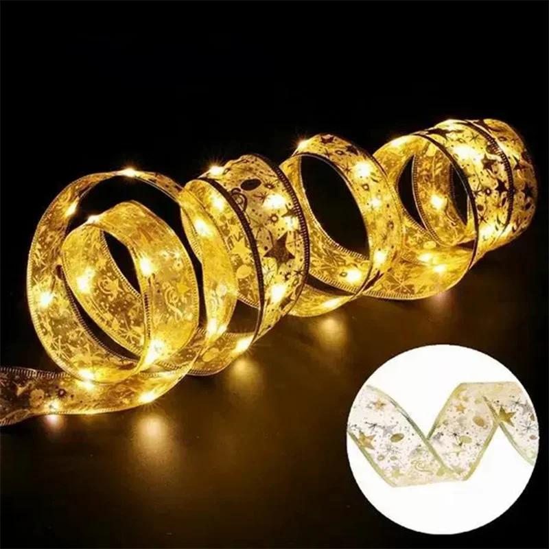 LED Copper Wire Ribbon Lamp DIY Christmas Tree Decoration Light Gift Box Bow Ribbon - Gold, 5M